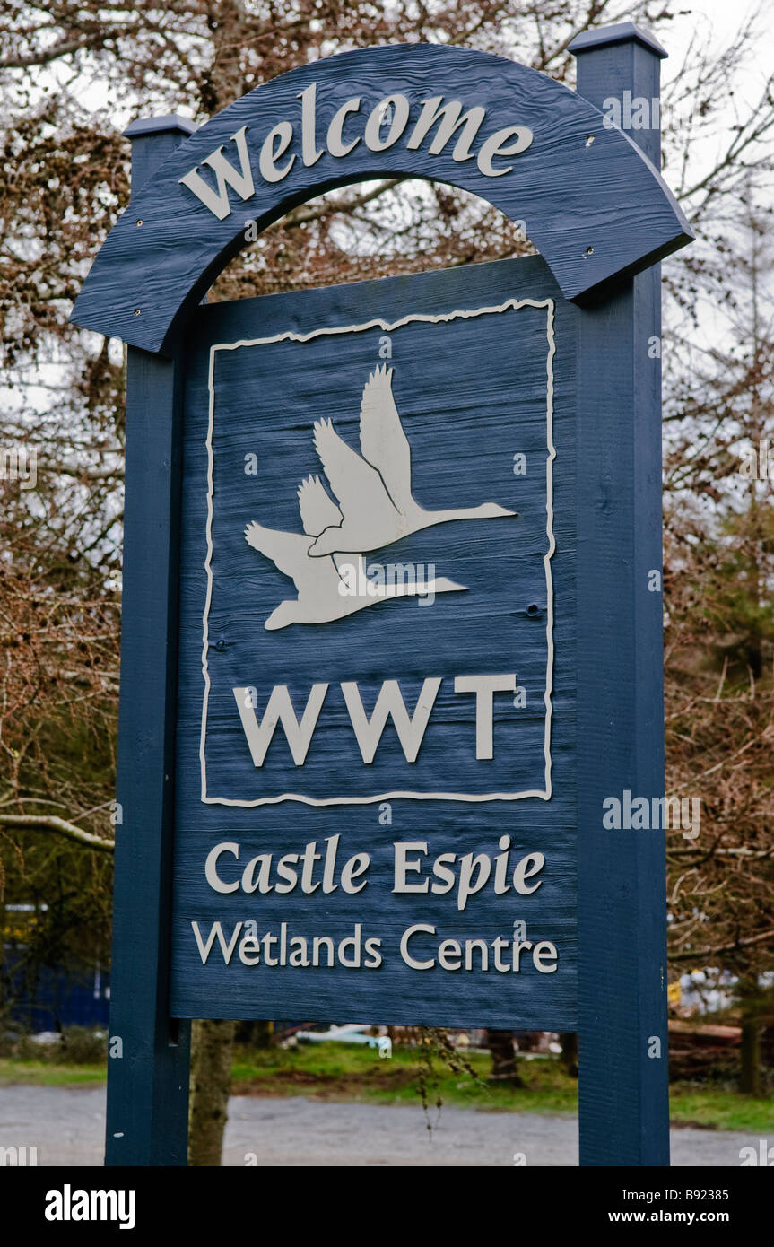 Segno ad entrata anteriore al Castle Espie, Wildfowl and Wetlands Trust (WWT), dalla pettinatrice, Irlanda del Nord Foto Stock