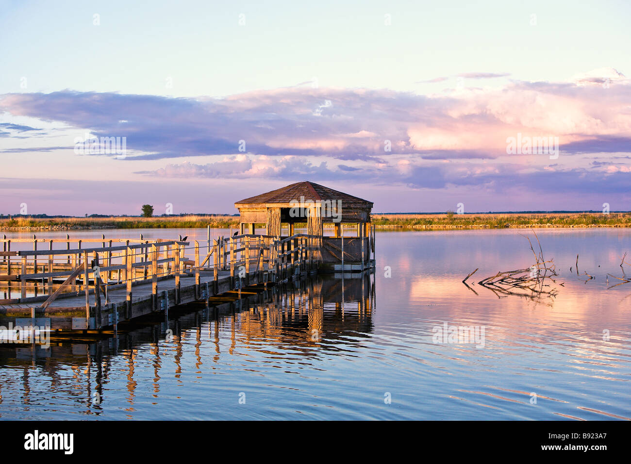 La visualizzazione della fauna selvatica capanna in legno e il lungomare. Amaca Oak Marsh, Manitoba, Canada. Foto Stock