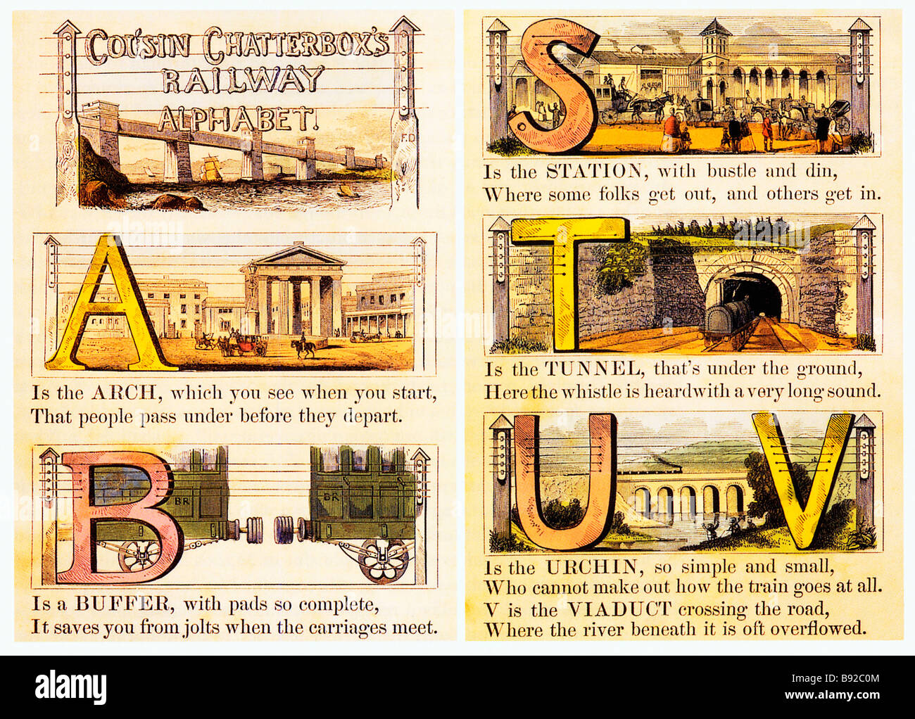 Cugino Chatterbox alfabeto ferroviaria 1845 bambini ABC libro illustra la stazione ferroviaria in stile vittoriano mania Foto Stock