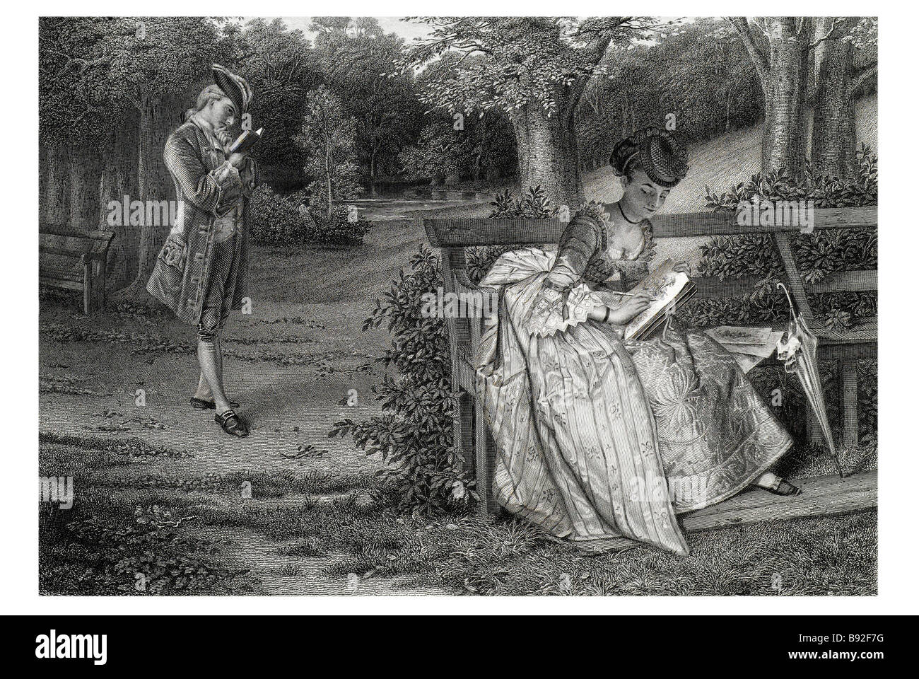 Incidente o per la progettazione di Lady prenota alberi costume da banco artista vestire il parco forestale orchard periodo banco vestito lady gentleman gli appassionati di passeggiate Foto Stock