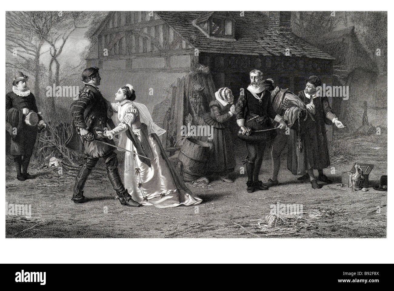 Il Duello interrotto spada litigare lady insulto sangue fray uomo arrabbiato minaccia costume Marcus Stone Foto Stock