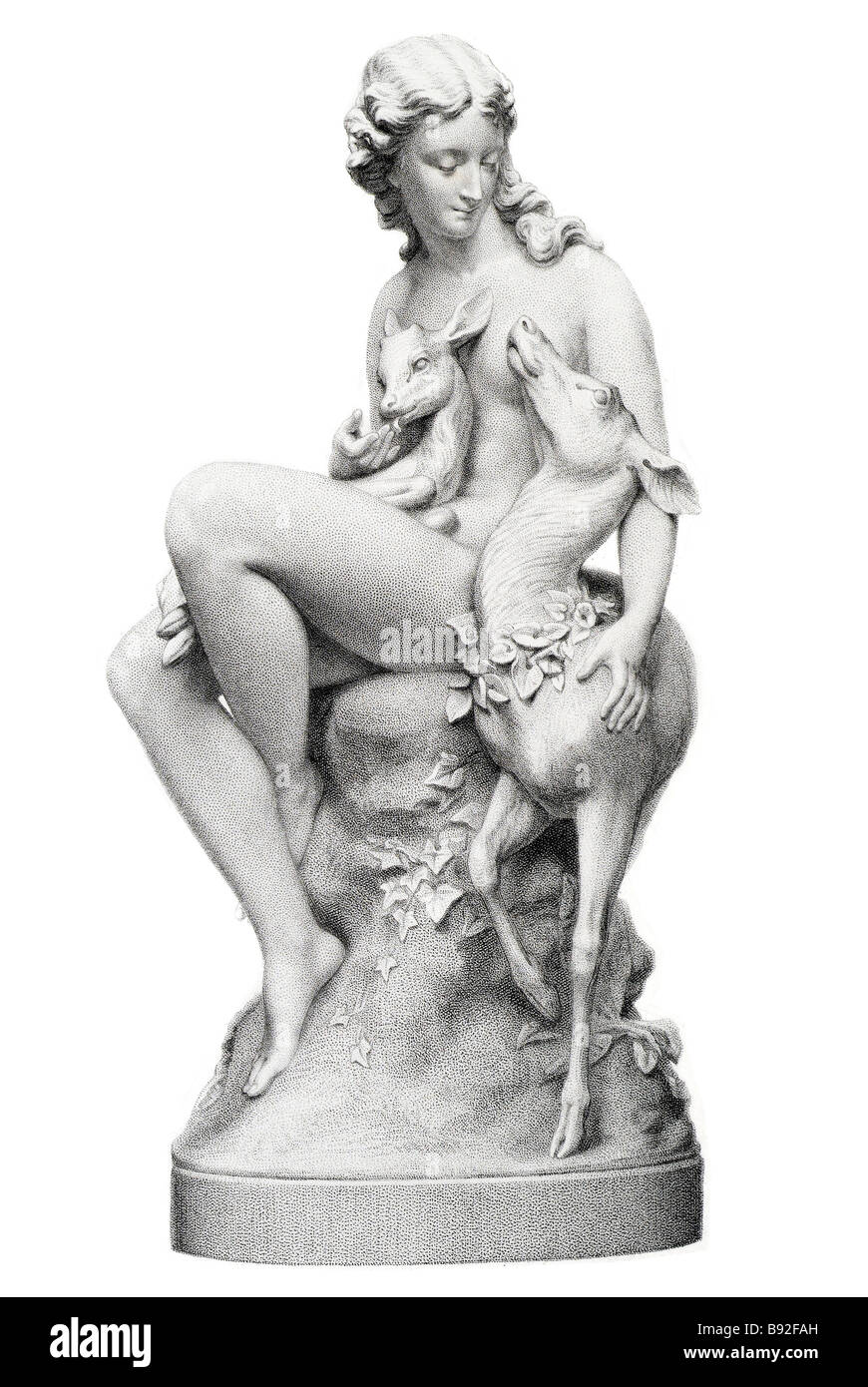 Fanciulla con i cervi & Fawn 1866 Scultura statua legno Nymph lap armonia Ivy Foto Stock