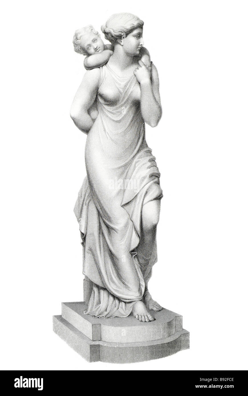 Amore materno femminilità donna bambino ragazzo Spalle portano dress marmo scultura illustrazione luce di sagomatura di pietra o roccia sculture Foto Stock