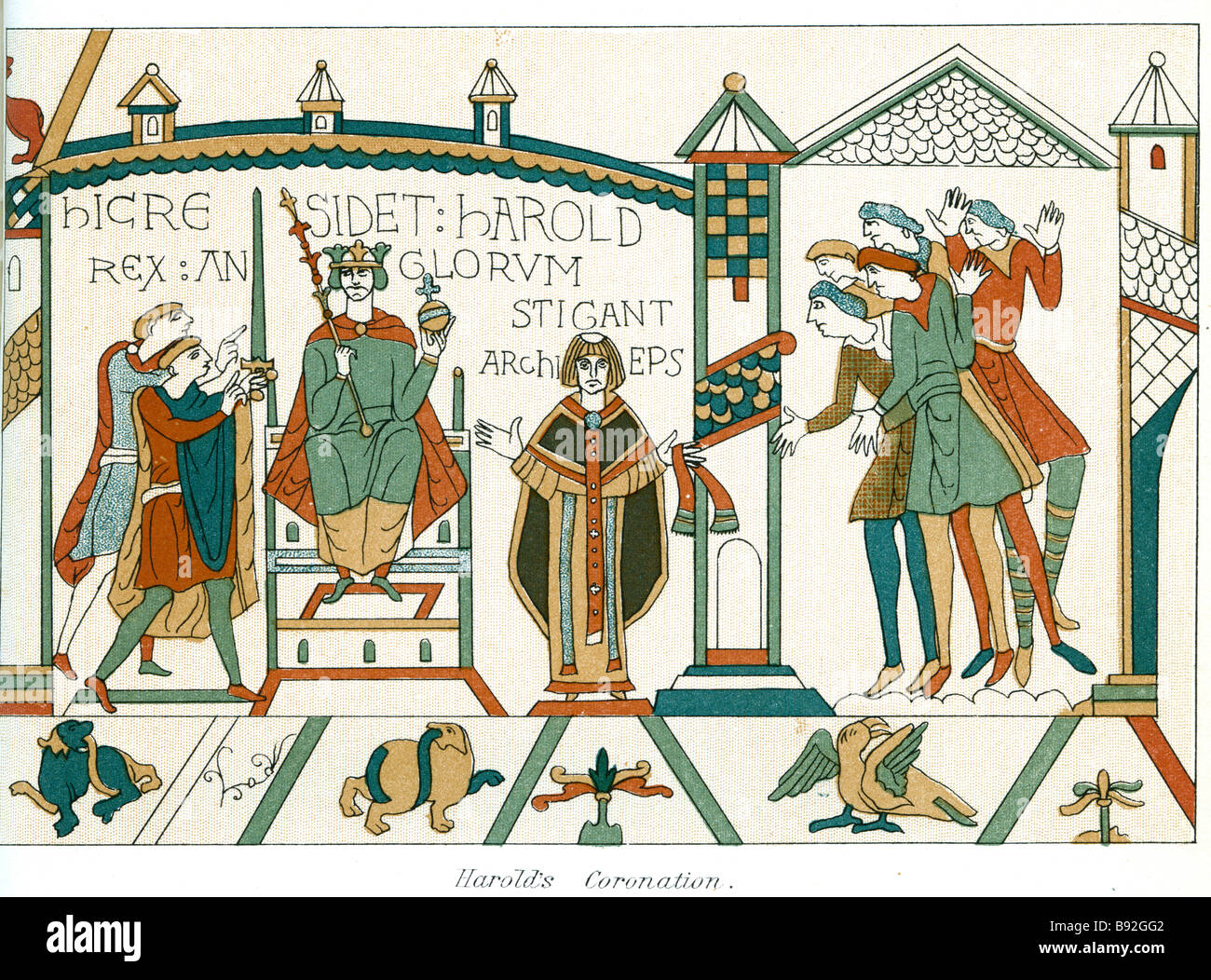Harold il giuramento di fealty a Guglielmo di Normandia bagnarsi Arazzo di Bayeux (francese: Tapisserie de Bayeux) è un 50 cm da 70 m (20 nella da Foto Stock