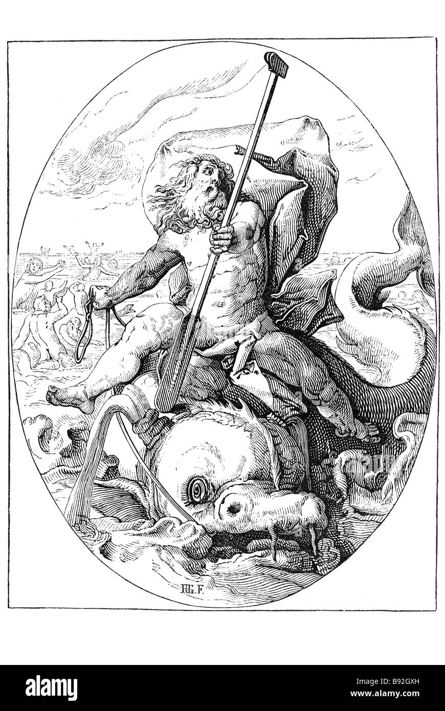 Serpente Marino bestia monster Poseidone dio del mare sirene re pesci persone acqua di equitazione Nella mitologia greca, Poseidone era il dio di th Foto Stock