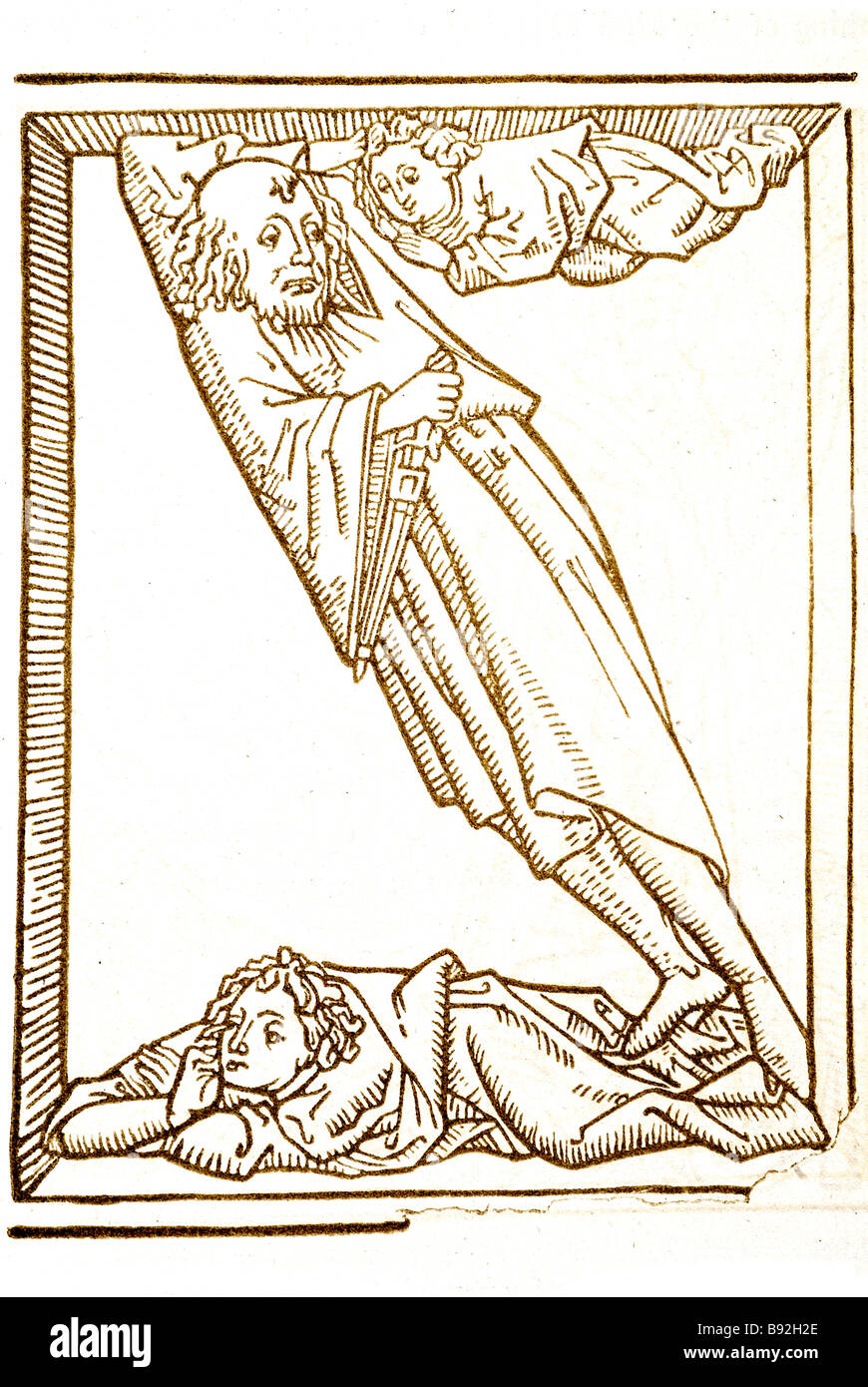 Tagli di pergamena alpphabet lettere scritte persone periodo manoscritto abito coltello costume uomo bambino box scorrere la lettera z Foto Stock