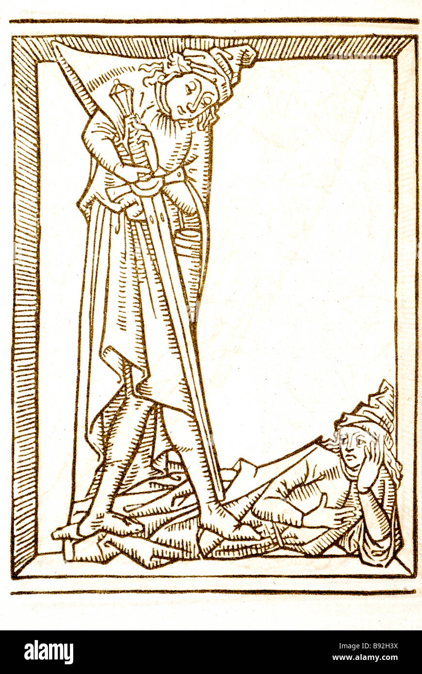 Tagli di pergamena alpphabet lettere scritte persone manoscritto periodo costume abito uomo spada box bambino scorrere la lettera L Foto Stock