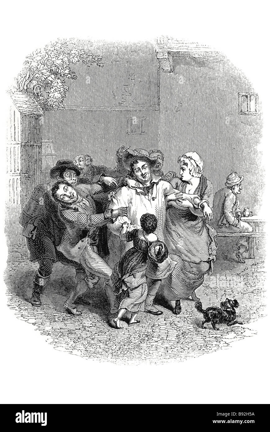 Periodo uomini abbigliamento uomo donna bambino via acciottolata lotta giocando parte pub piazza giardino abbigliamento tradizionale cane pet osteria di paese y Foto Stock