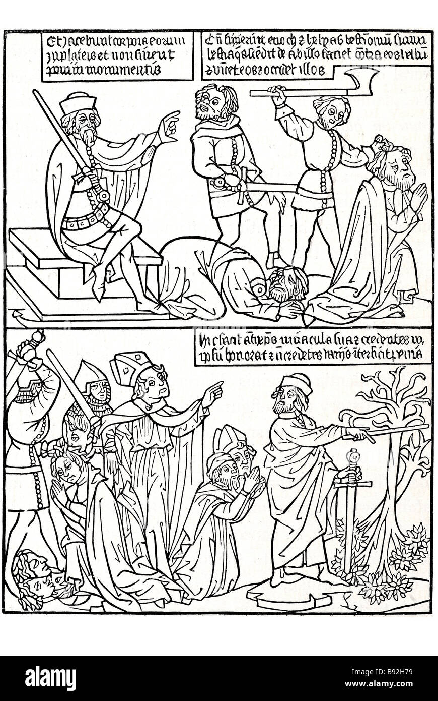 Capitolo XIII rivelazioni la bibbia gengentiles corpi del Vangelo la morte di sculture in legno di periodo di blocco abito uomo vescovo omicidio religione Foto Stock