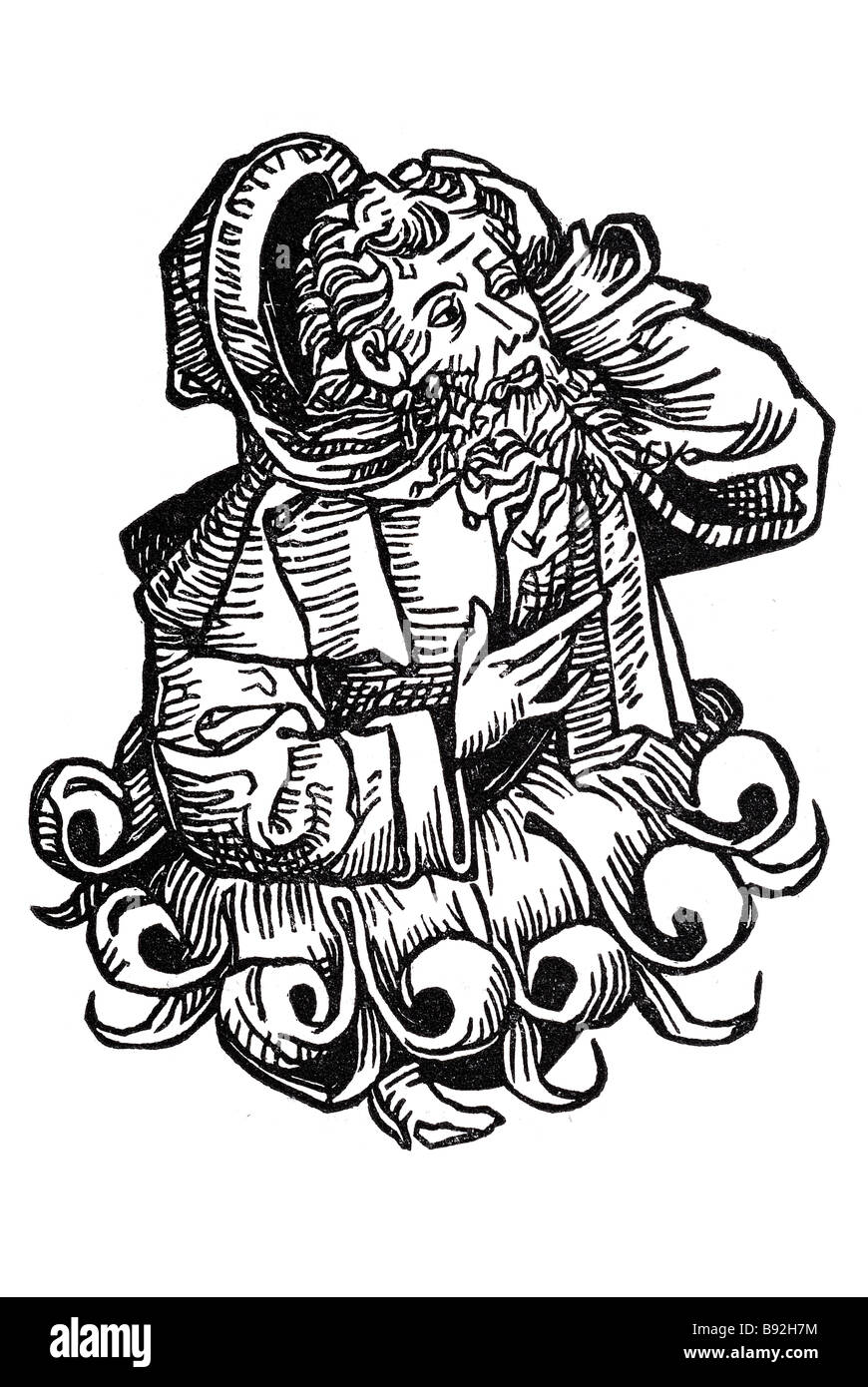 Testa di graffiare pensando di stock-testa uomo meditando di sculture in legno di periodo di blocco dress scrittura piastra le piastre di stampa disegno Foto Stock