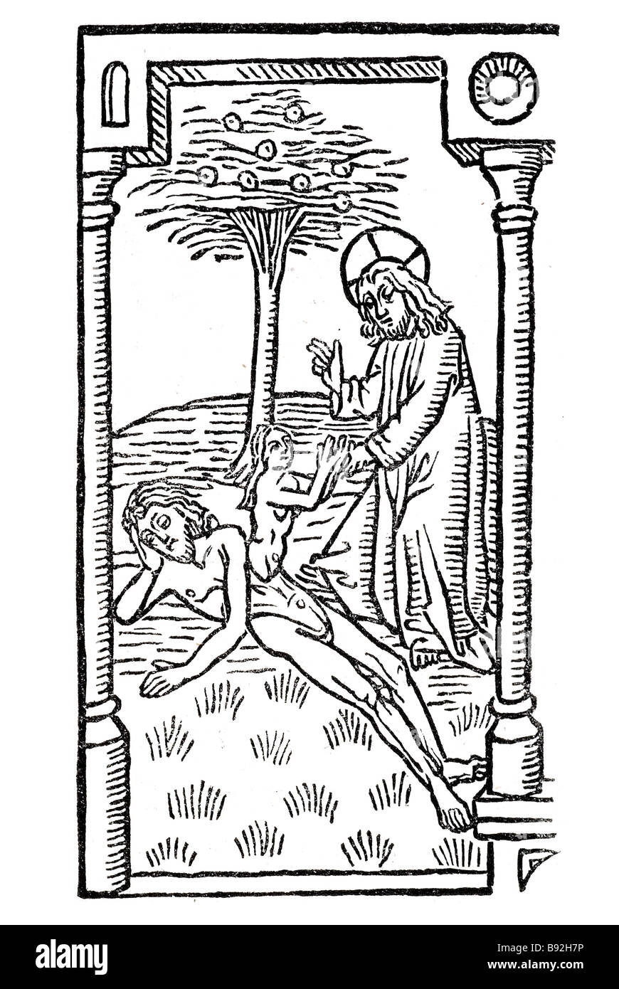 Dio adam eve struttura di nervatura fogliame di Apple al di fuori della religione di sculture in legno di periodo di blocco abito piastre di scrittura disegno della piastra design stampa Foto Stock