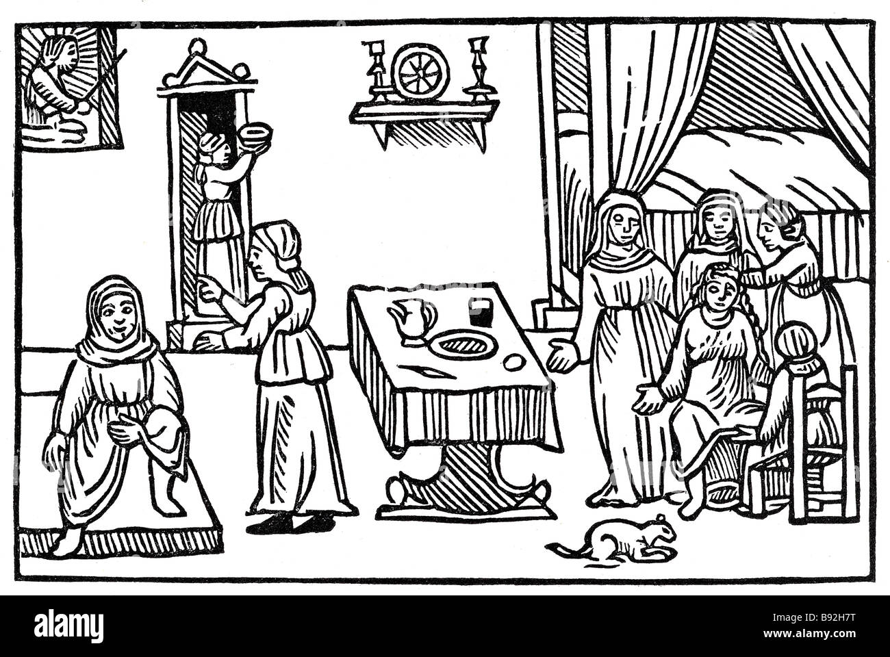 La cena di festa della famiglia taverna di sculture in legno di periodo di blocco abito piastre di scrittura disegno della piastra design stampa Foto Stock