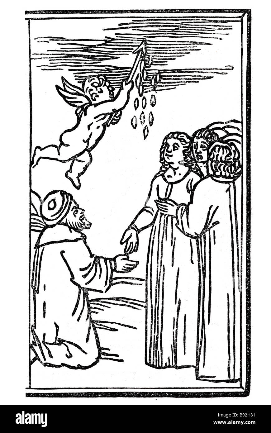 Donna Uomo preist angelo pioggia pregando nun nuvole di sculture in legno di periodo di blocco abito piastre di scrittura disegno della piastra design stampa Foto Stock