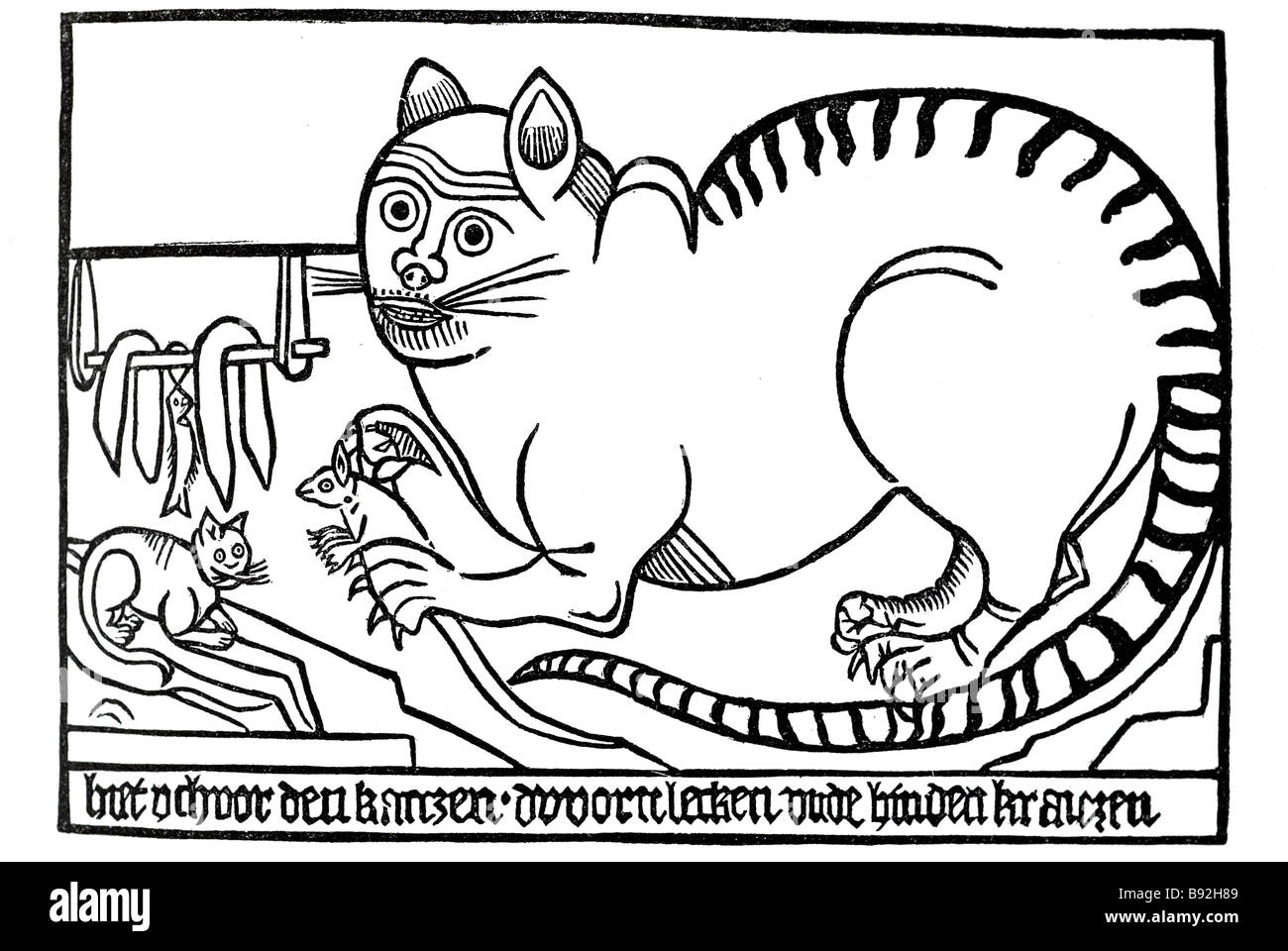 I gatti gatto topo ratto cattura la caccia cucina mangiare preda di sculture in legno di periodo di blocco abito piastre di scrittura disegno della piastra d stampa Foto Stock