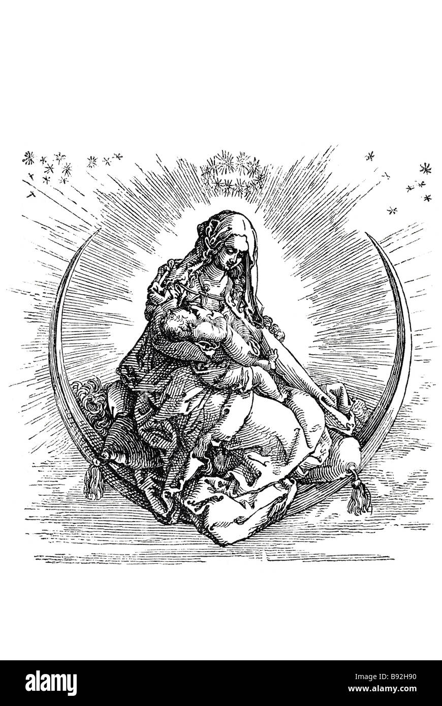 Vergine Maria donna bambino Cristo bambino vignette di sculture in legno di periodo di blocco abito piastre di scrittura disegno della piastra design stampa literatu Foto Stock