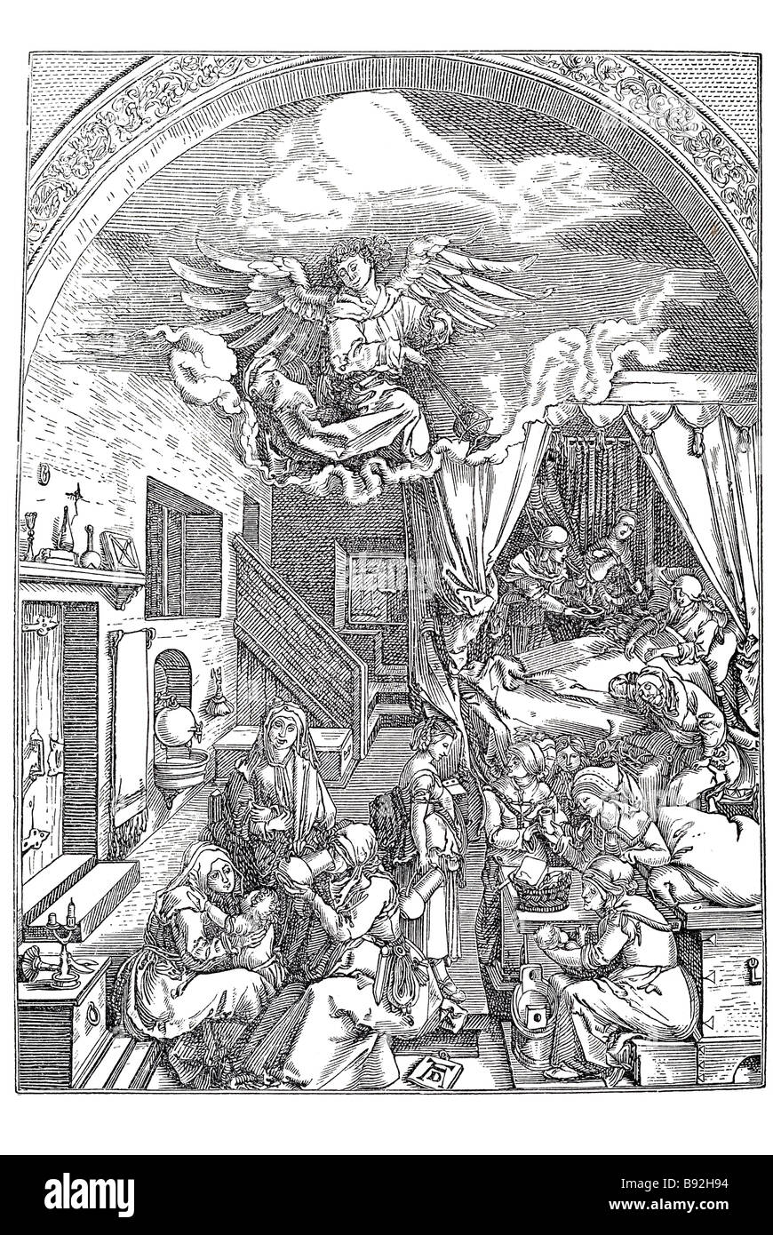 Angelo Sala uomini donne bambini camera da letto di sculture in legno di periodo di blocco abito piastre di scrittura disegno della piastra design stampa literatur Foto Stock