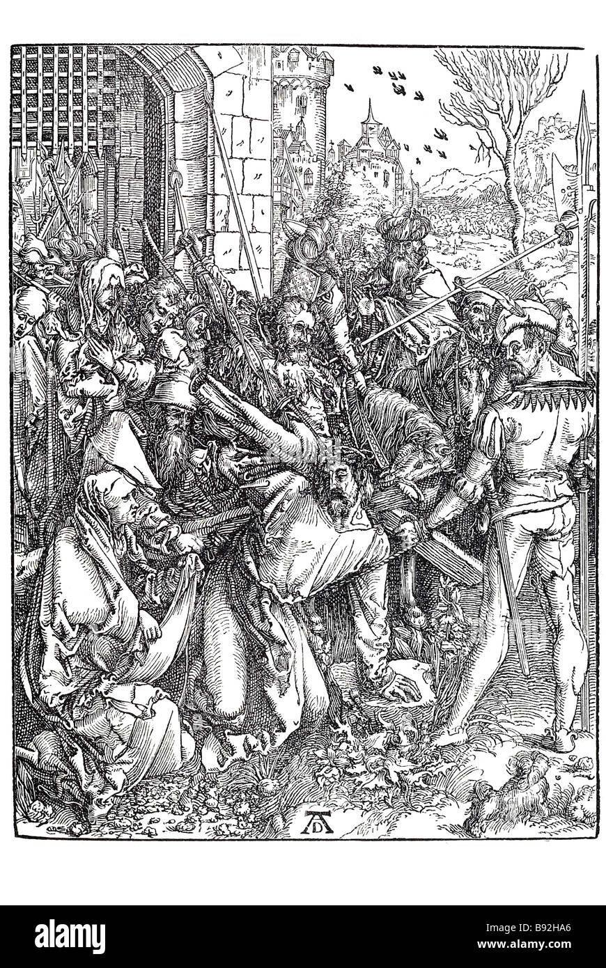 La crocifissione di Cristo soldati soldato romano religione persicution casa porta la morte di sculture in legno di periodo di blocco abito piastre di scrittura Foto Stock