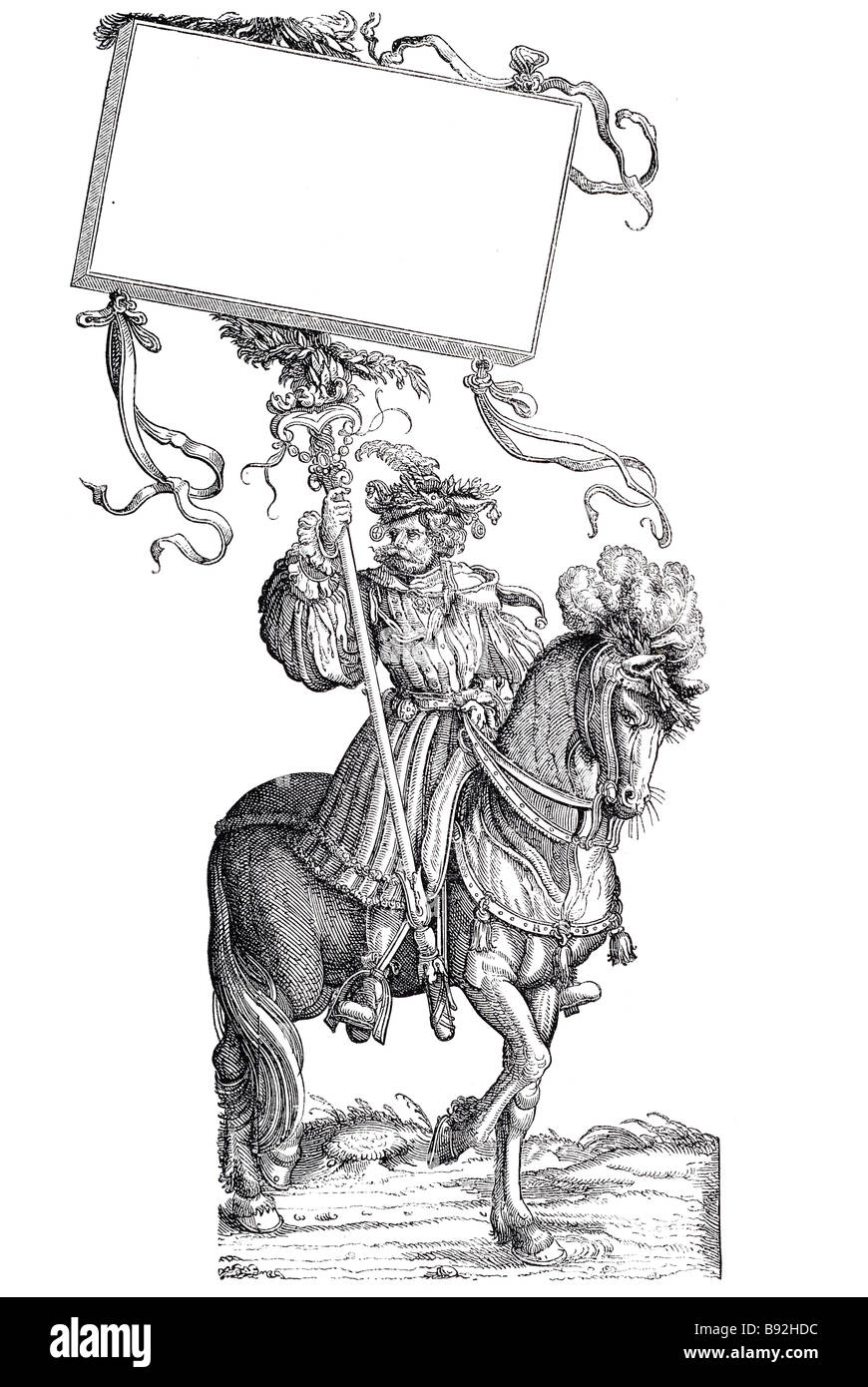 Burgmair il marchio soldato signore cavaliere vestito di periodo di equitazione abbigliamento tradizionale banner emblema corazza costume uomo equina Hans Foto Stock