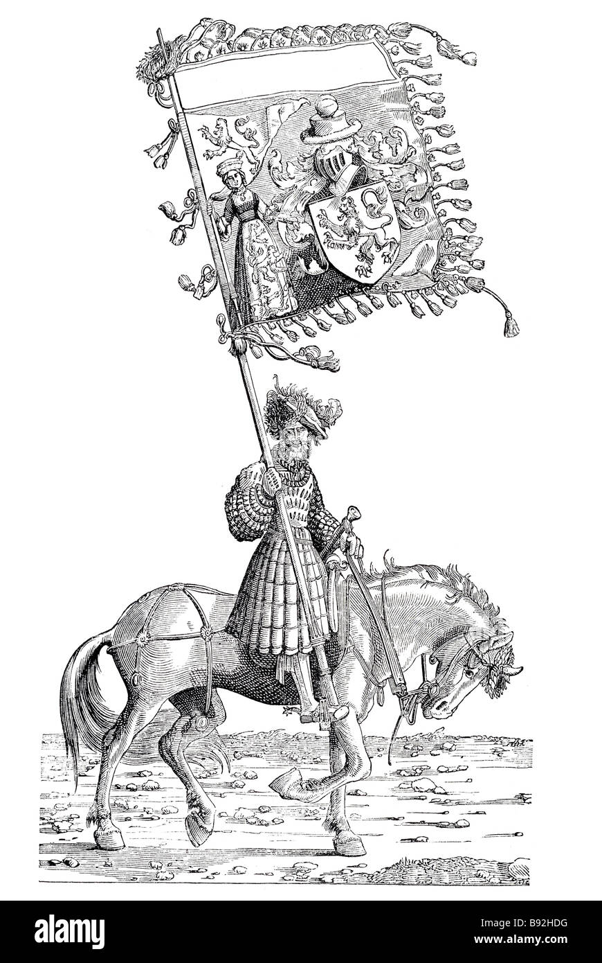 Burgmair il marchio soldato signore cavaliere vestito di periodo di equitazione abbigliamento tradizionale banner emblema corazza costume uomo equina Hans Foto Stock