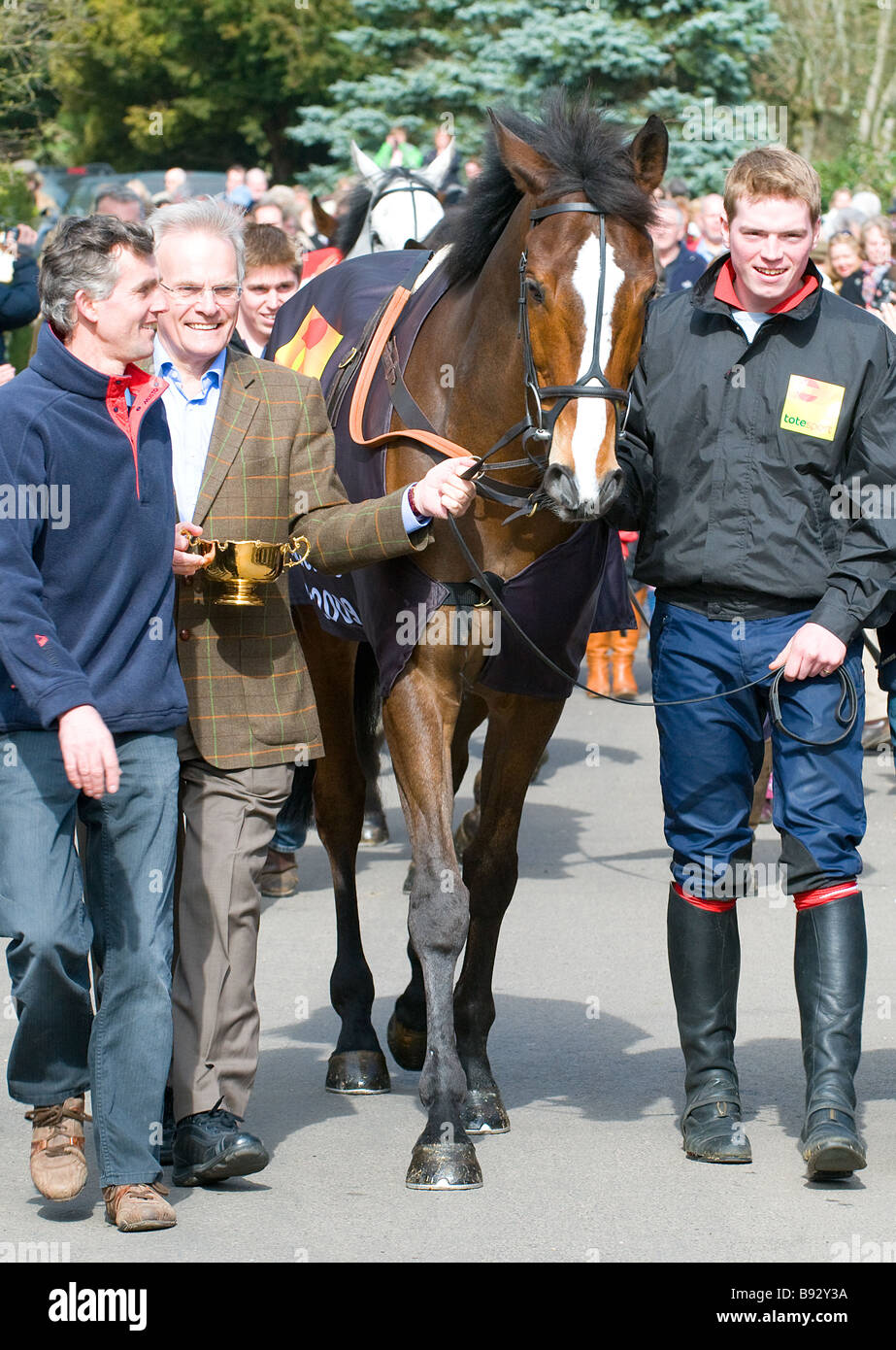 "Kauto Star' vincitore del 2009 Cheltenham Gold Cup essendo portata in processione attraverso Ditcheat, Somerset, casa di Paul Nicholls Racing Foto Stock