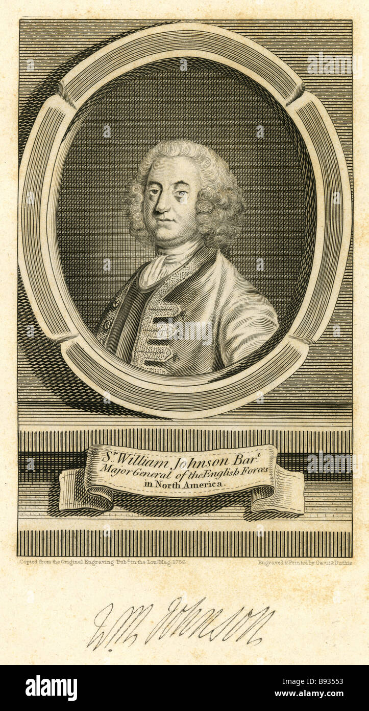 Antica incisione di Sir William Johnson, Baronet 1a. Foto Stock