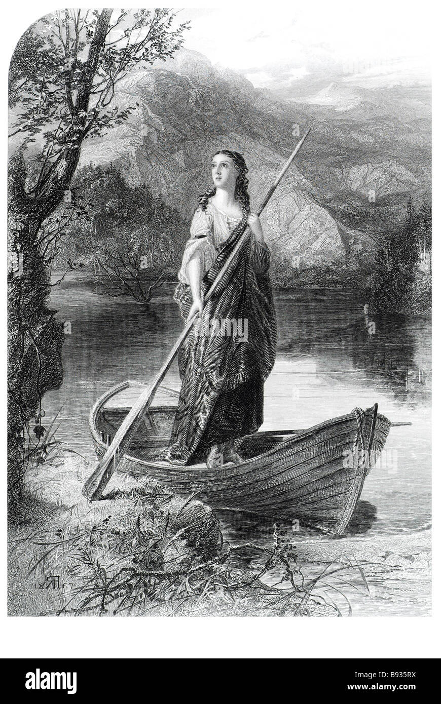 La signora del lago di mito barca a remi acqua shore periodo abito donna campagna bosco selvatico manto della banca la signora del lago i Foto Stock