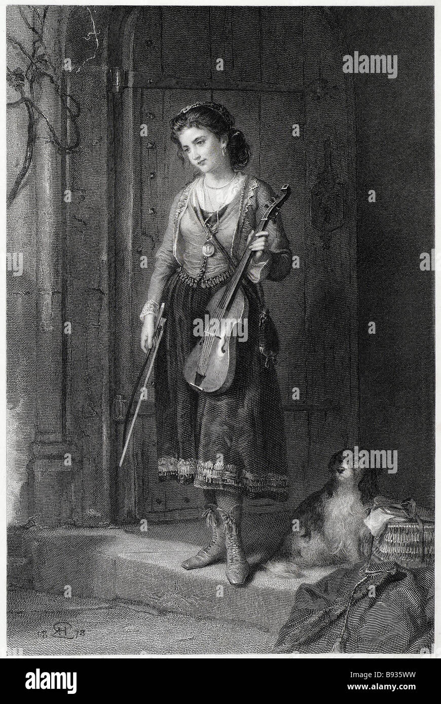 Glee maiden violino musicista ragazza abito periodo di riproduzione di quadro porta cane donna abbigliamento tradizionale casa possing bambino Foto Stock