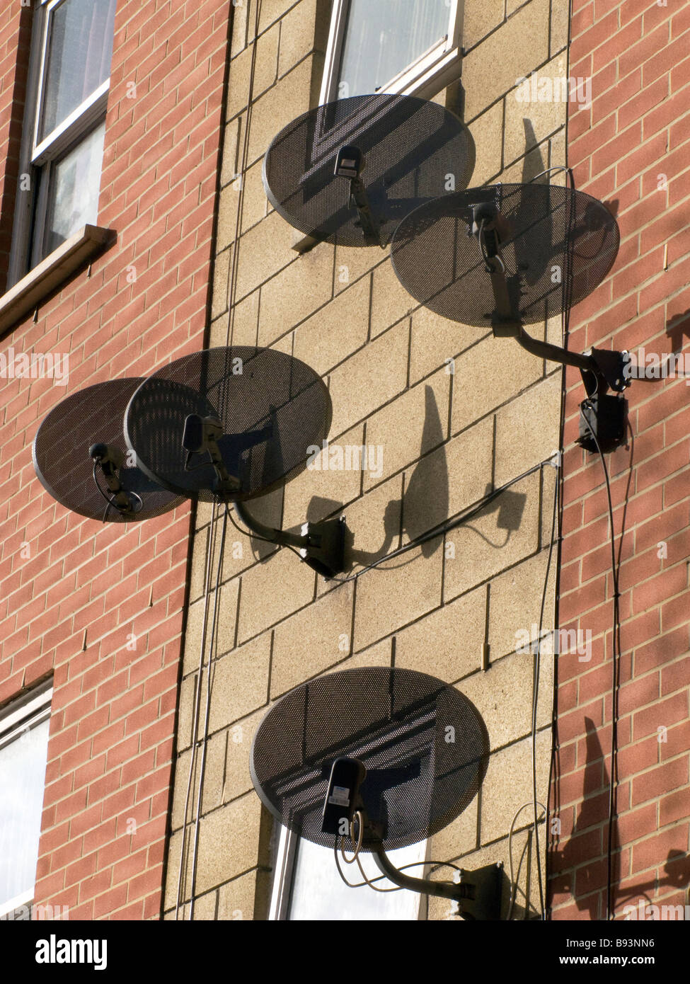 Regno Unito. TV satellitare piatti in un complesso residenziale di Brixton, Sud Londra Foto © Julio Etchart Foto Stock