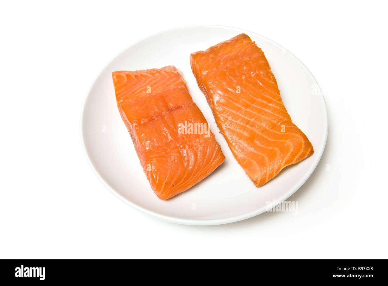 Piastra del Affumicata Cruda di filetti di salmone Foto Stock