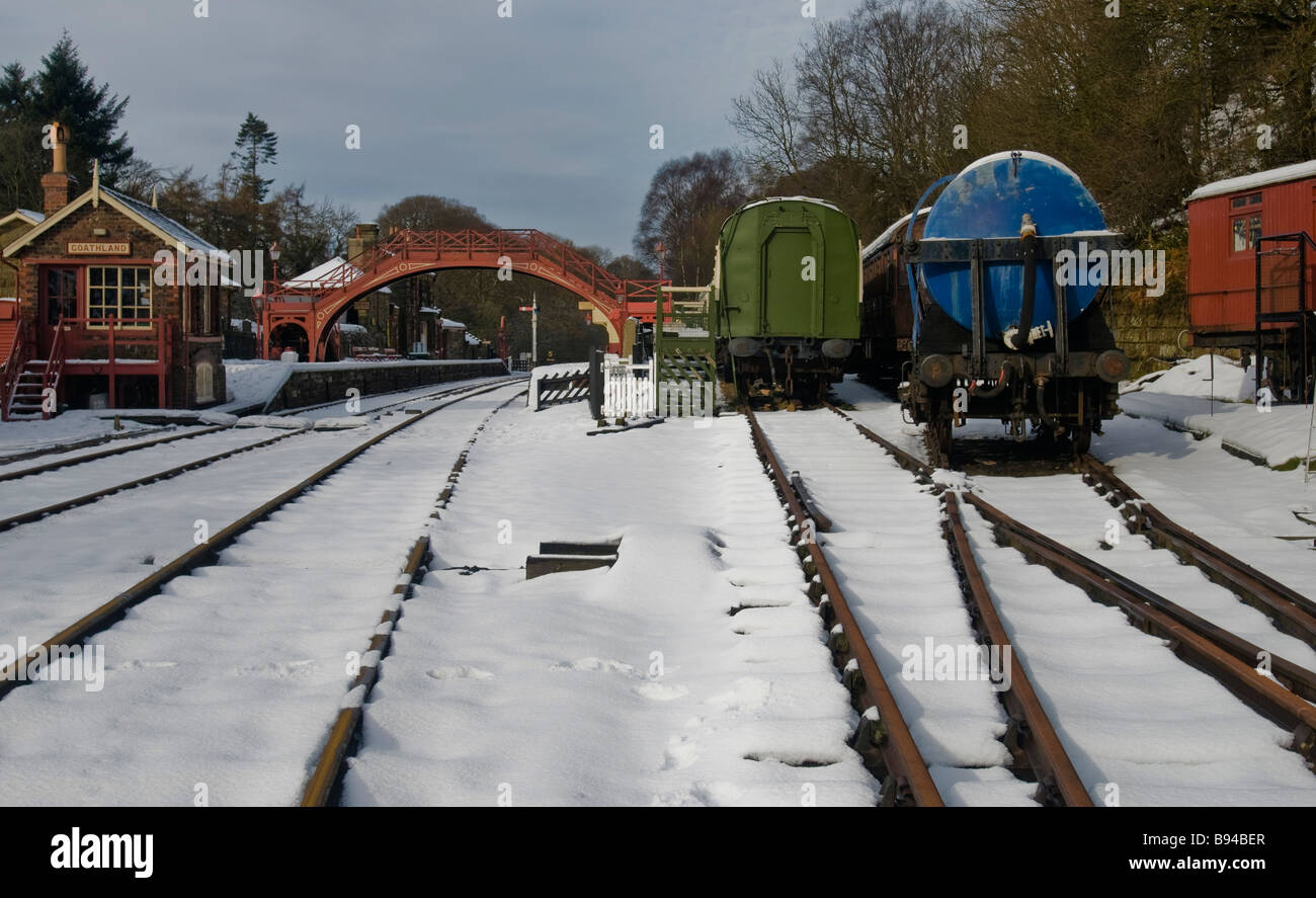 Una scena invernale a Goathland stazione ferroviaria, North Yorkshire Foto Stock