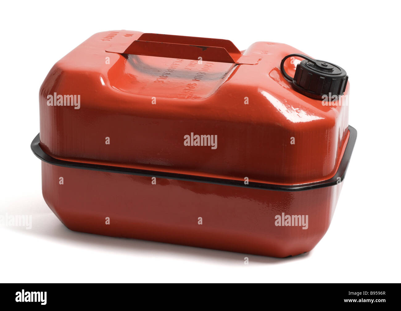 Vecchio rosso da dieci litri di benzina in acciaio può su sfondo bianco Foto Stock