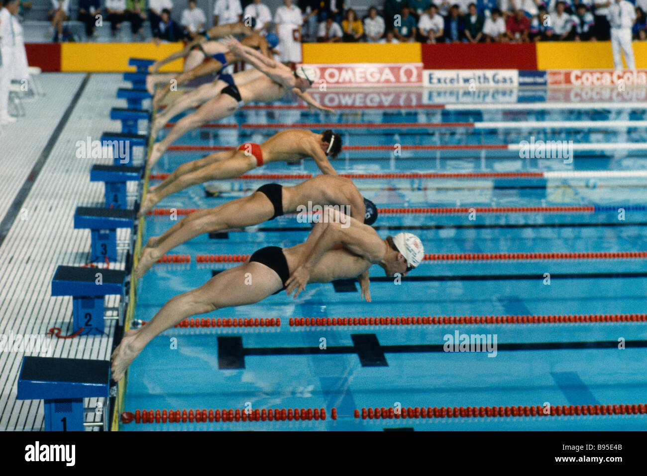 Inghilterra Sport Piscina di acqua vista su tutta la linea di partenza al Crystal Palace come nuotatori in immersione Foto Stock