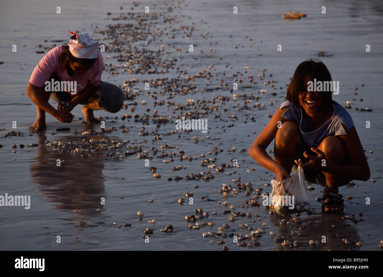 Tailandia Krabi Koh Lanta Yai sulla spiaggia di Klong dao due donne la raccolta di molluschi da sabbia a bassa marea Foto Stock