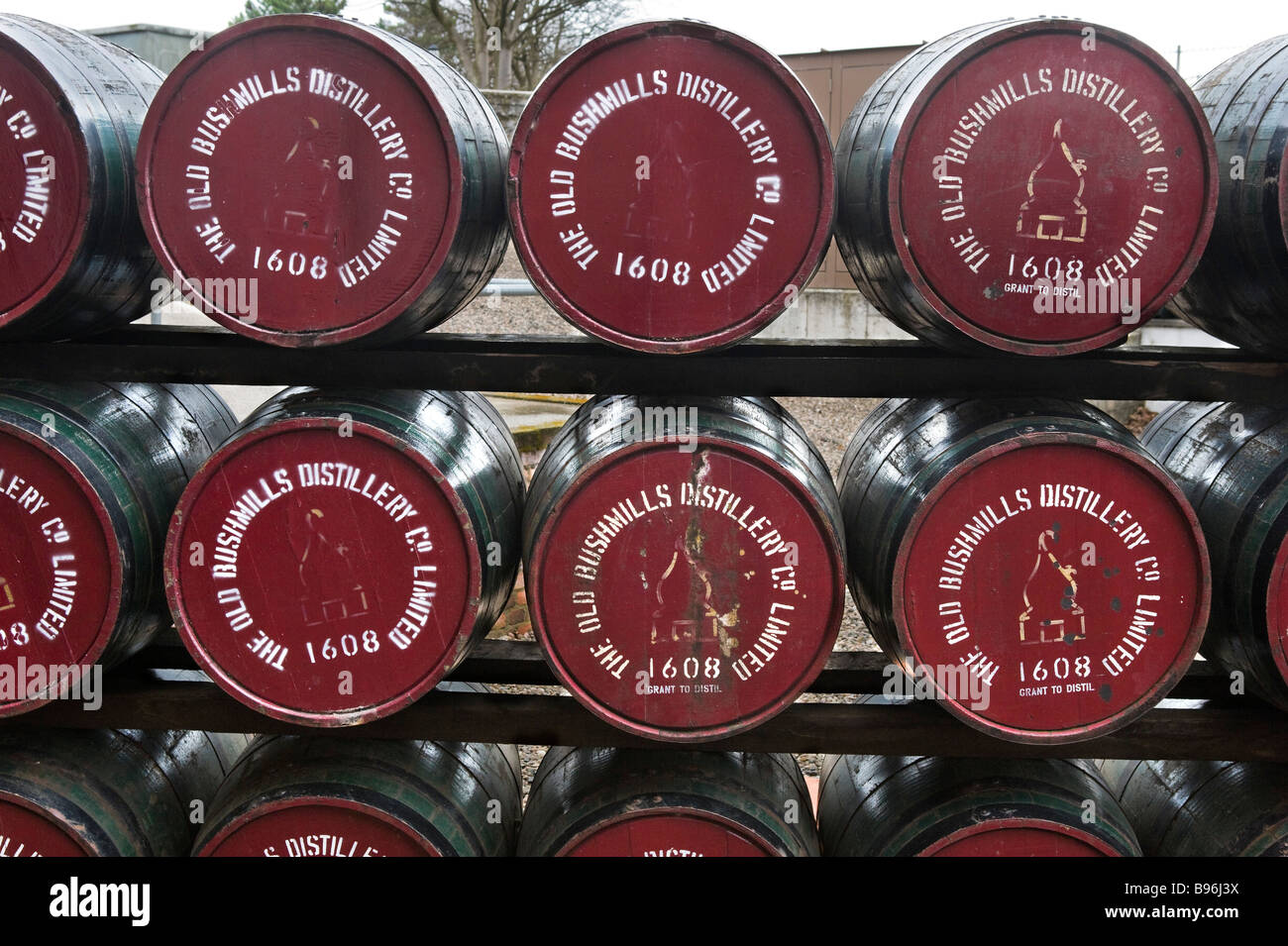 Il whiskey di barili al Old Bushmills Distillery, Bushmills, County Antrim, Irlanda del Nord Foto Stock