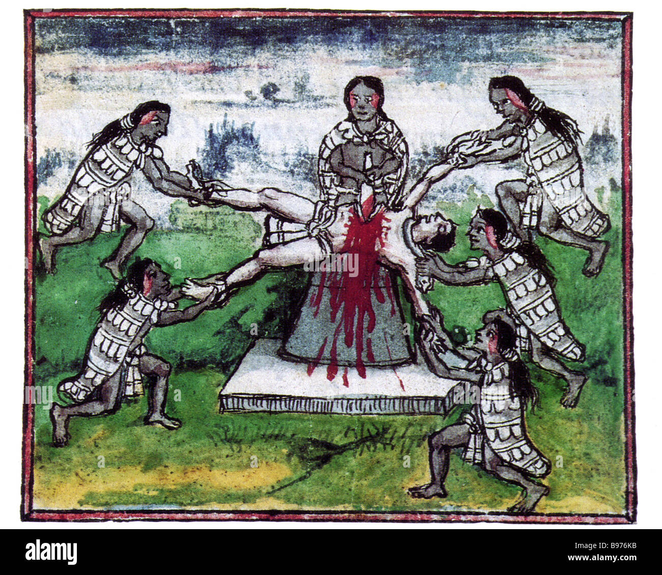 AZTEC sacrificio umano mostrato nella Historia de las Indias da Diego Duran pubblicato a Madrid nel 1579 Foto Stock