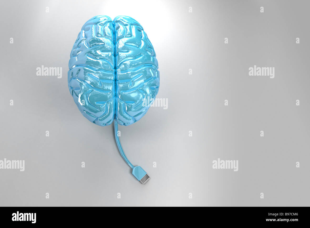 Blu illustrazione del cervello con cavo usb su sfondo grigio Foto Stock