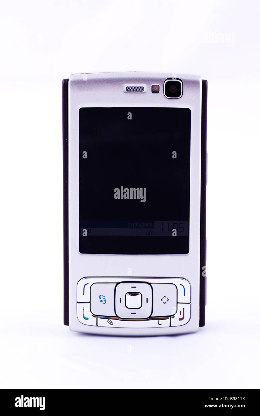 Moderno telefono mobile intaglio su sfondo bianco Foto Stock