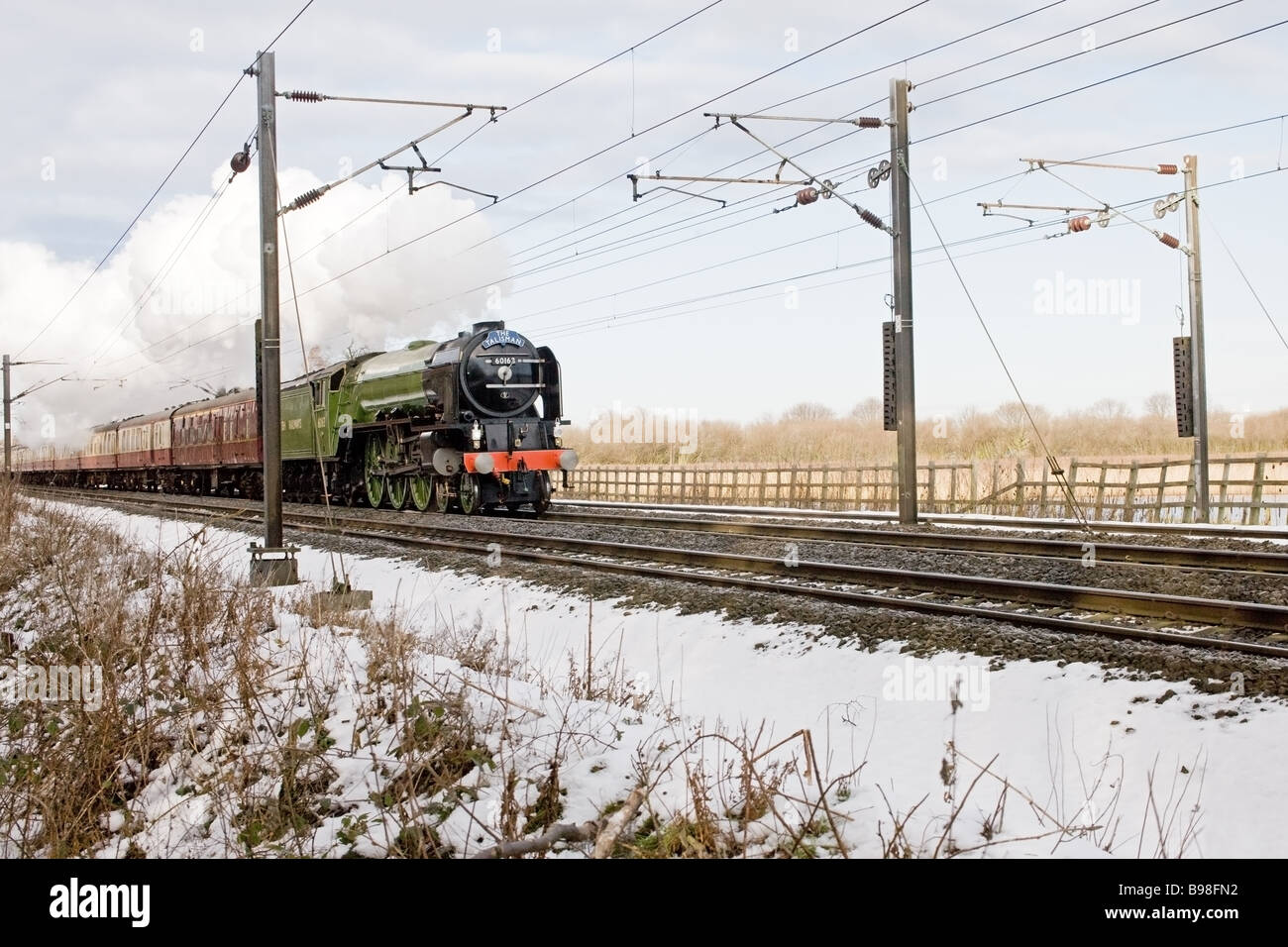 British Railways Classe A1 60163 'Tornado' locomotiva a vapore attraverso di Pasing Potteric Carr natura riserva con neve sulle vie Foto Stock