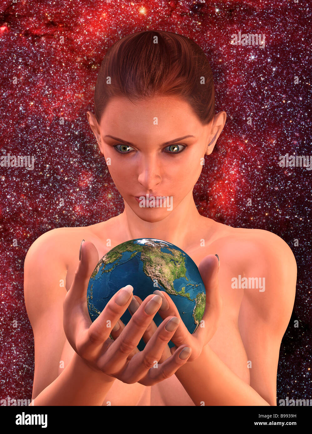 Computer immagine generata da donna figura tenendo la terra nelle sue mani indicano le nozioni di ecologia Gaia la cura per il pianeta Foto Stock