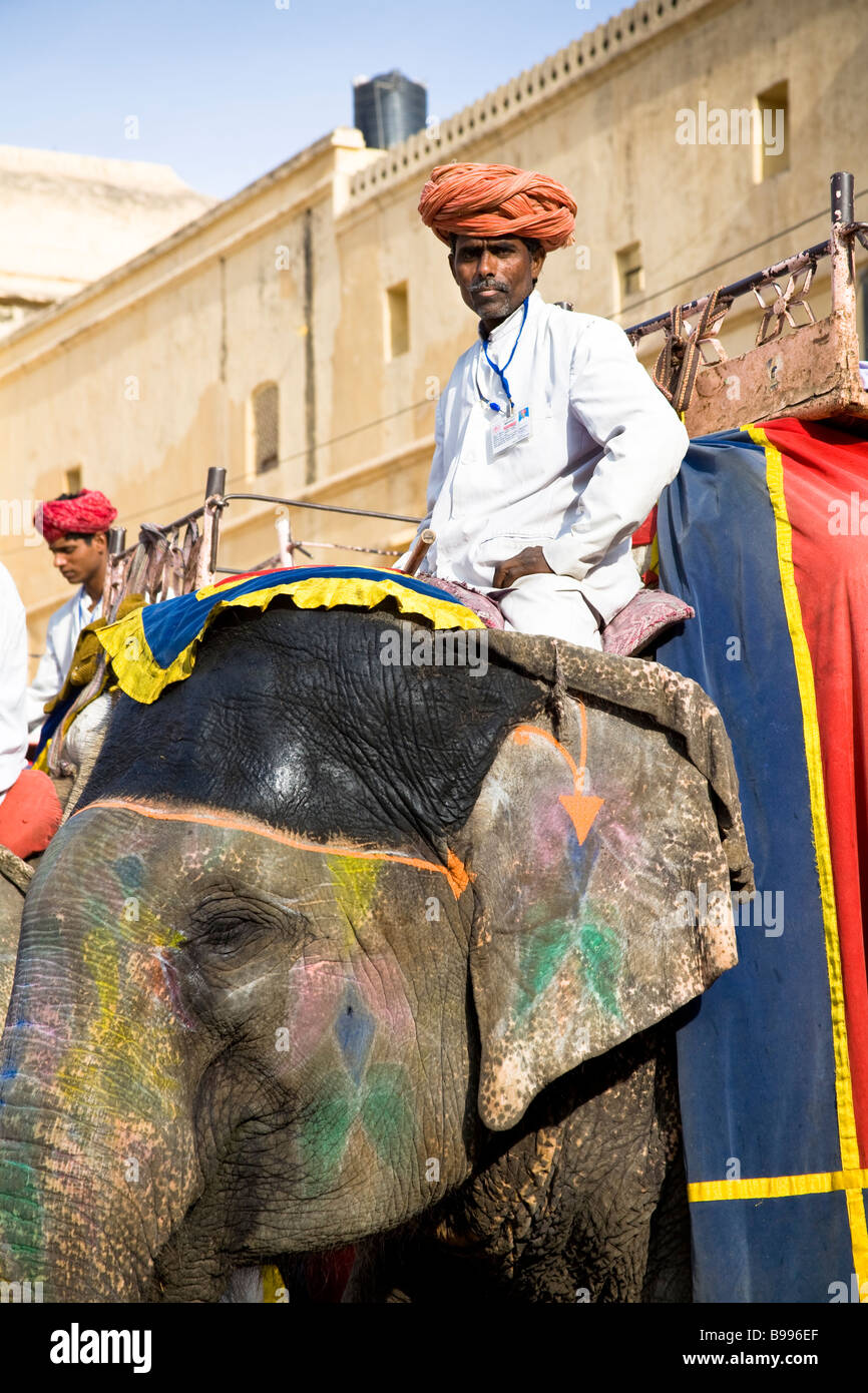 Mahout seduto su un elefante, Ambra Palace, ambra, vicino a Jaipur, Rajasthan, India Foto Stock