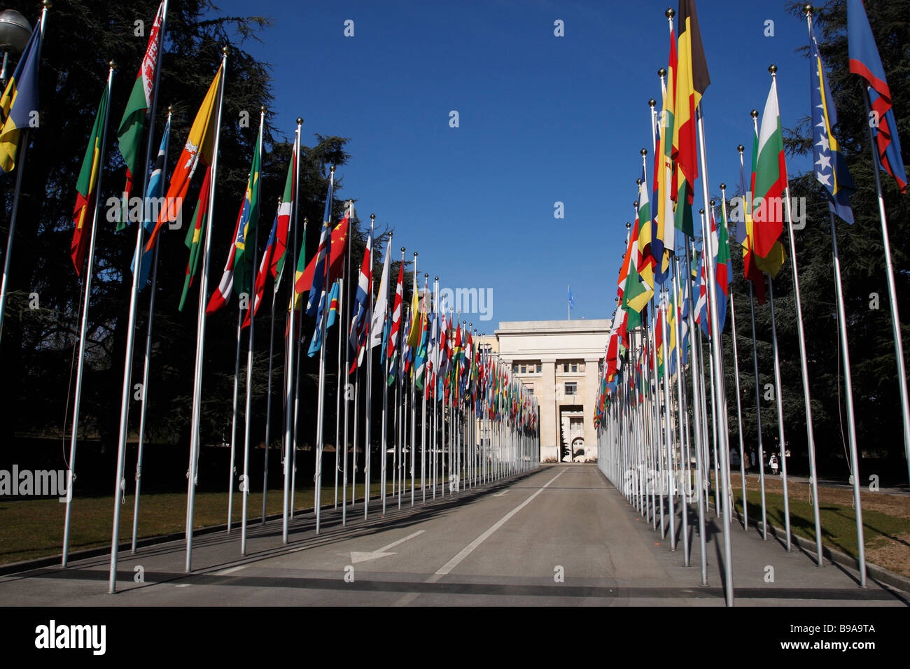 Bandiera rivestita di percorso conduce al Palais des nations uffici delle Nazioni Unite a Ginevra Svizzera Foto Stock