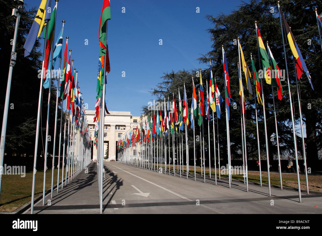 Bandiera rivestita di percorso conduce al Palais des nations uffici delle Nazioni Unite a Ginevra Svizzera Foto Stock