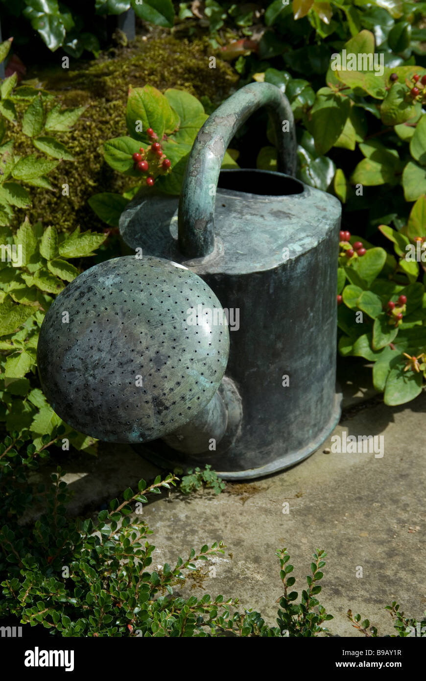 Un vecchio irrigazione ornamentale può a Hidcote Manor Gardens, una proprietà del National Trust. Gloucestershire. Regno Unito. Foto Stock