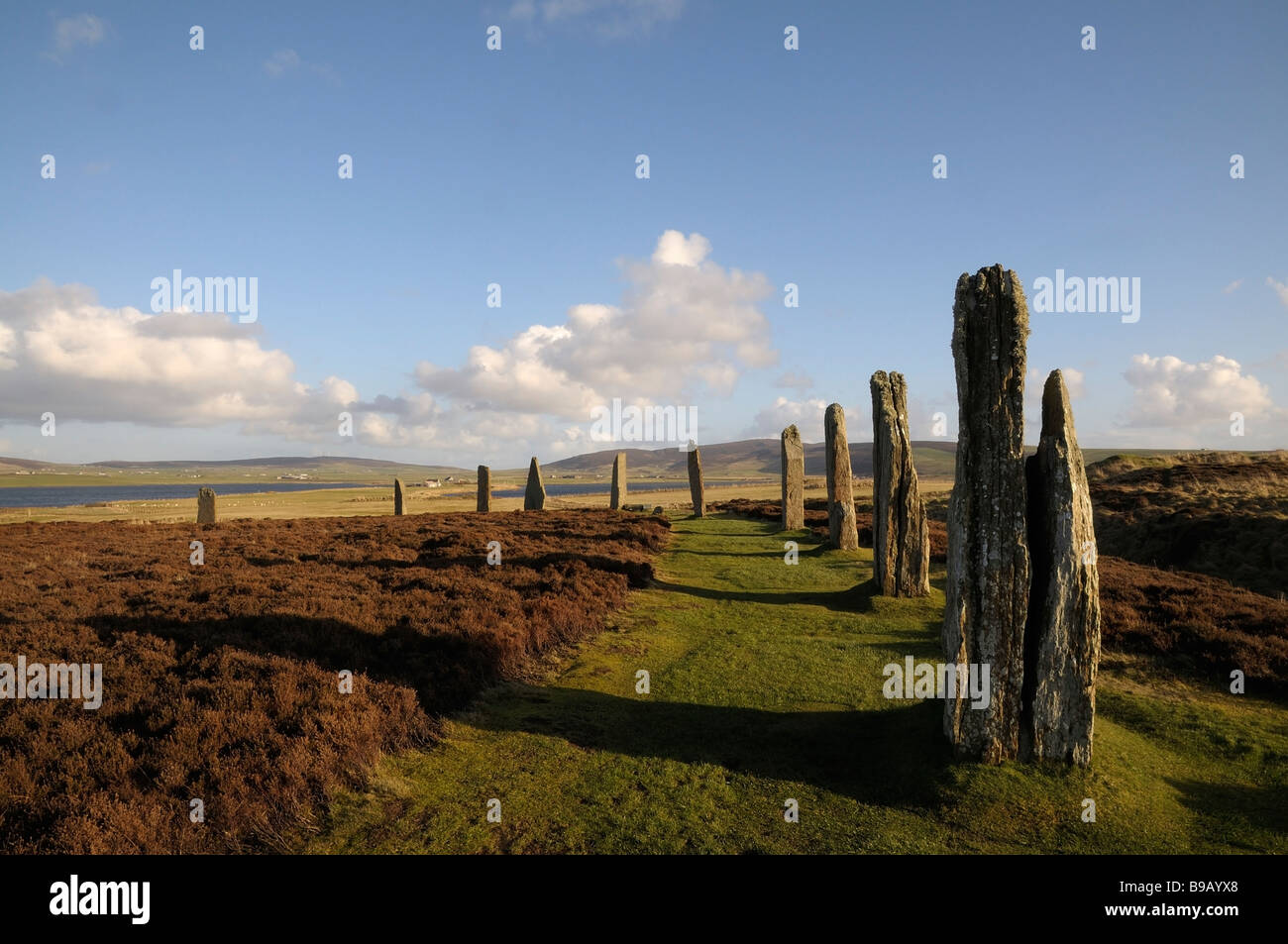 Pietre permanente al Neolitico antico henge dell'anello O'Brodgar, isole Orcadi, Scozia. Foto Stock