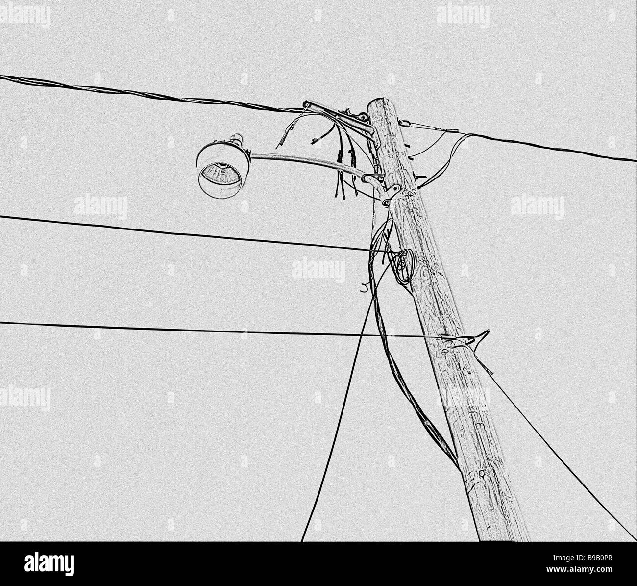 Sillouette polo utilità e i fili e via lampada come il disegno Foto Stock