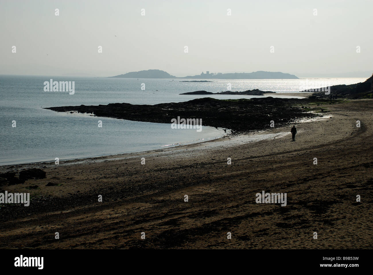 Vista di Inchcolm isola dalla spiaggia di Aberdour Foto Stock