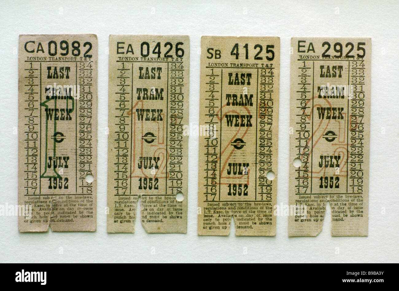 Vecchia Londra Trasporto biglietti del tram Tram Ultima settimana 1952 ticket England Regno Unito Foto Stock