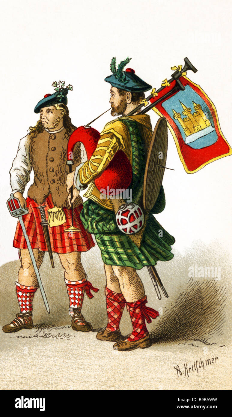 Scottish Clansman e Bagpiper Foto Stock