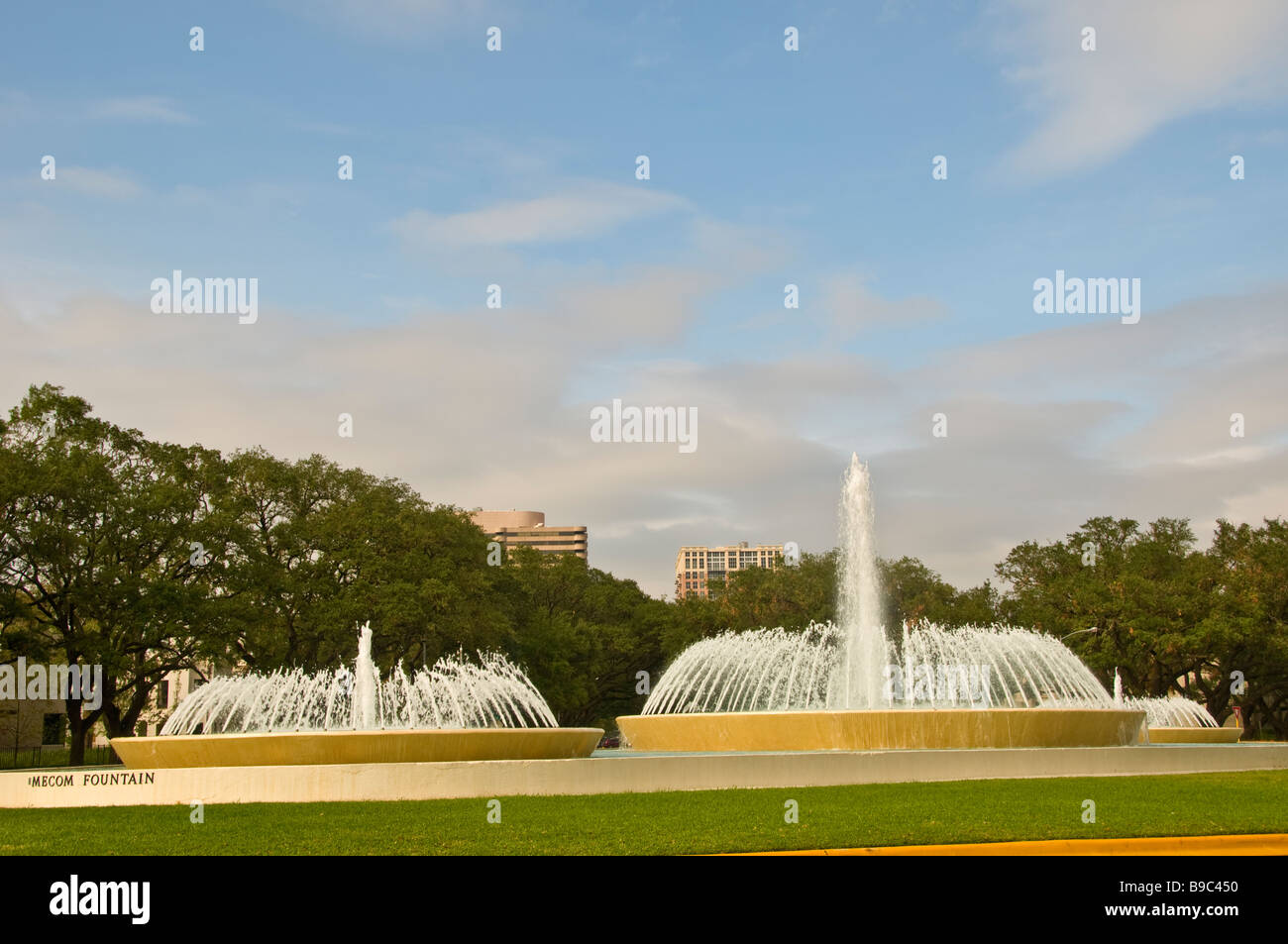 Mecom Fontana museum district Houston Texas tx punto di riferimento della città fontana di acqua di tiro Main Street a Montrose Boulevard Foto Stock