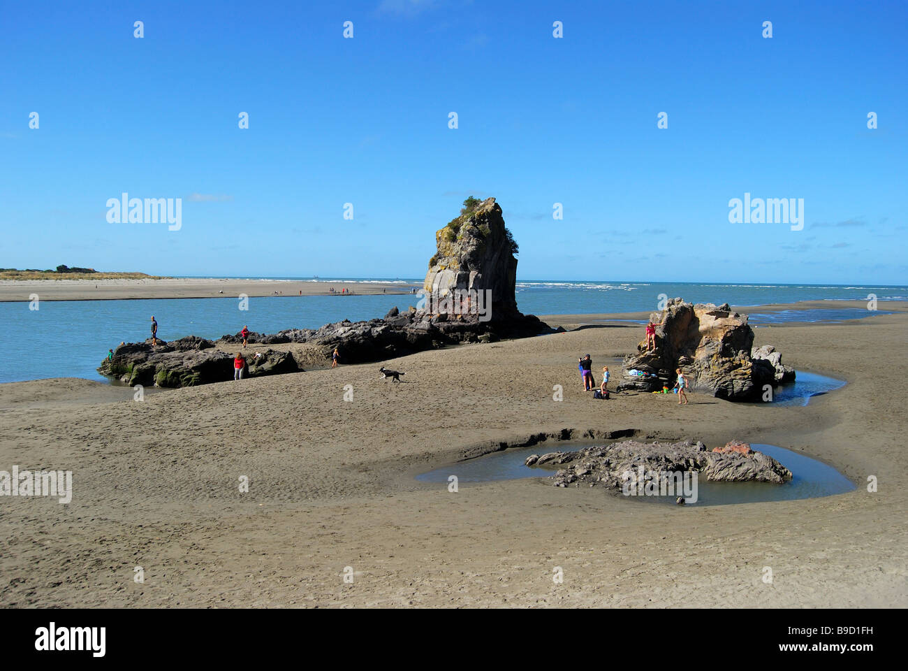 Shag Rock Sumner Beach, Sumner, Christchurch, Canterbury, Isola del Sud, Nuova Zelanda Foto Stock
